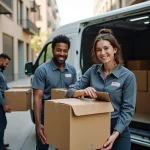 Groupe de déménageurs urbains utilisant une tablette