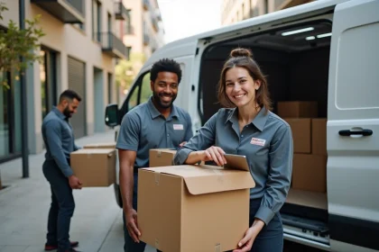 Groupe de déménageurs urbains utilisant une tablette