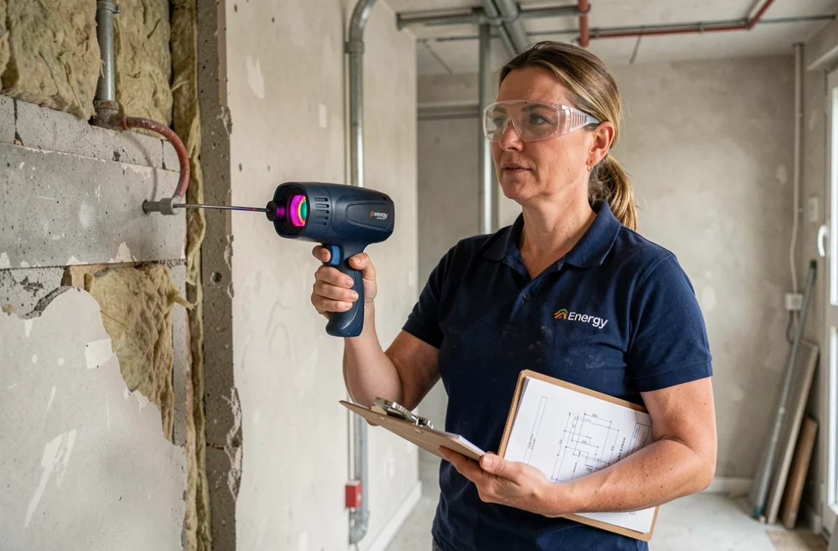 Consultante en rénovation énergétique Harmonie réalisant un audit thermique dans un appartement à Boulogne-Billancourt