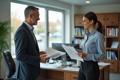 Homme d'affaires discutant avec une femme en bureau