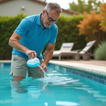 Homme versant du traitement de piscine dans un jardin ensoleille