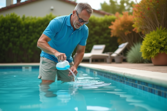 Homme versant du traitement de piscine dans un jardin ensoleille
