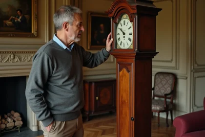 Homme d'âge moyen examinant une horloge comtoise ancienne dans un salon traditionnel
