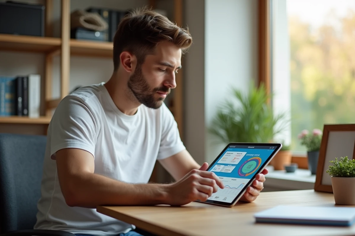 Homme consultant une application de gestion d'énergie intelligente sur une tablette dans un bureau à domicile