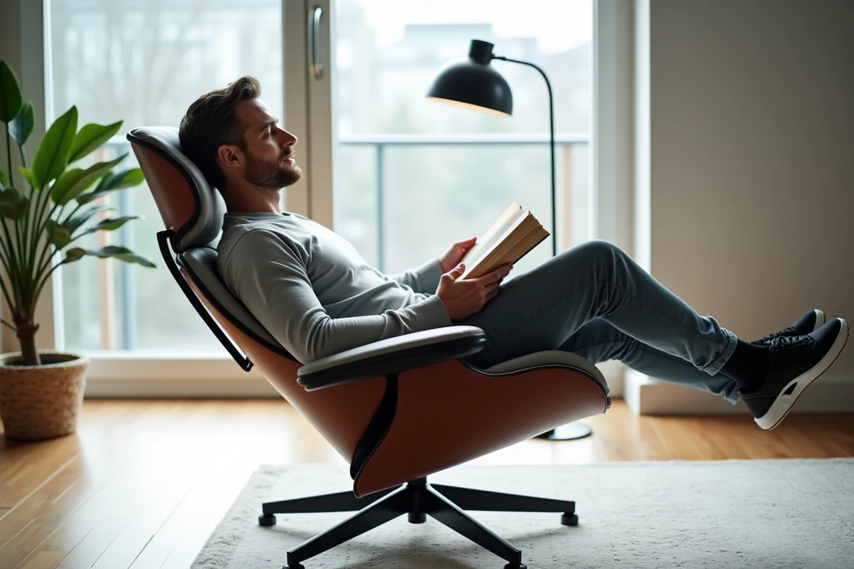 Homme lisant dans une chaise ergonomique moderne avec appuie-tête dans un salon scandinave minimaliste
