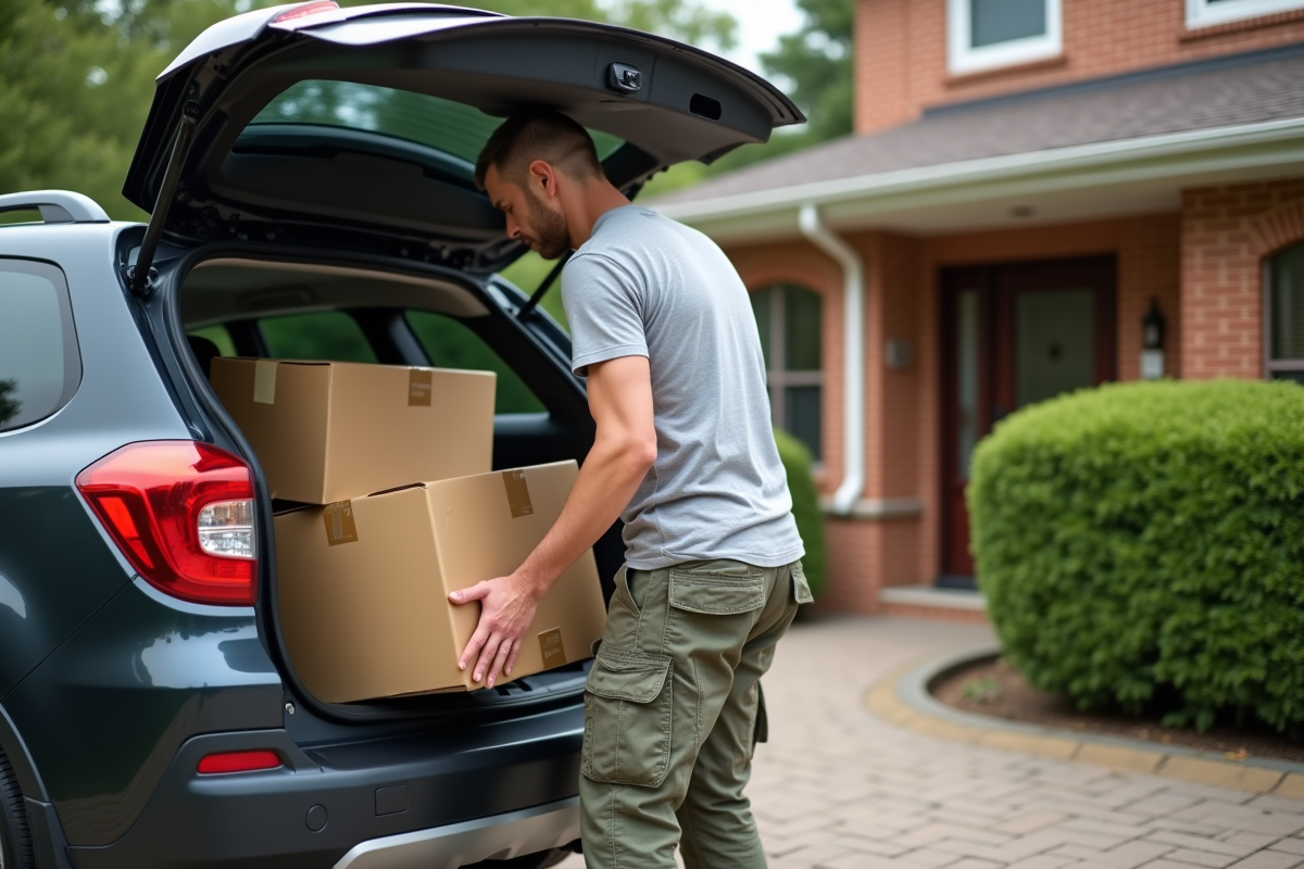 Homme chargeant des cartons dans une voiture devant une maison