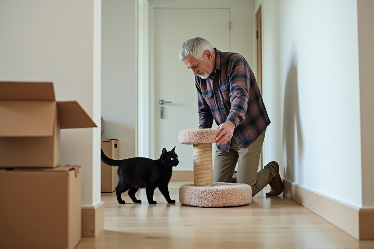 Homme âgé installant un arbre à chat dans un couloir