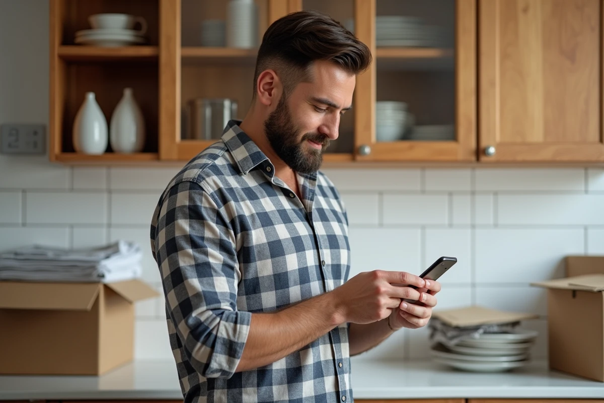 Homme vérifiant sa checklist de déménagement sur smartphone dans une cuisine avec des cartons ouverts et des placards vidés