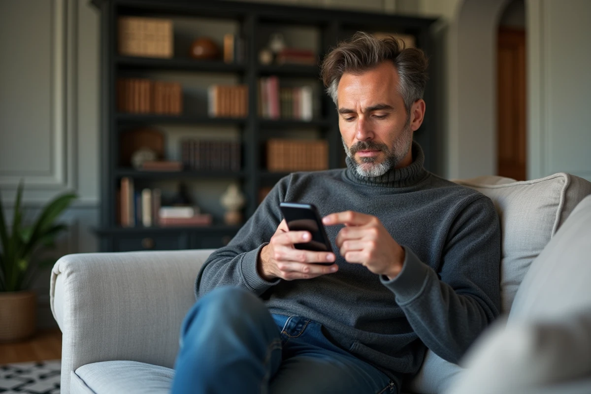Homme comparant des offres d'assurance habitation sur son smartphone dans un salon moderne