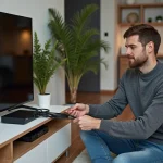 Homme connectant deux téléviseurs avec un répartiteur HDMI dans un salon moderne