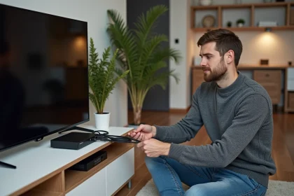 Homme connectant deux téléviseurs avec un répartiteur HDMI dans un salon moderne