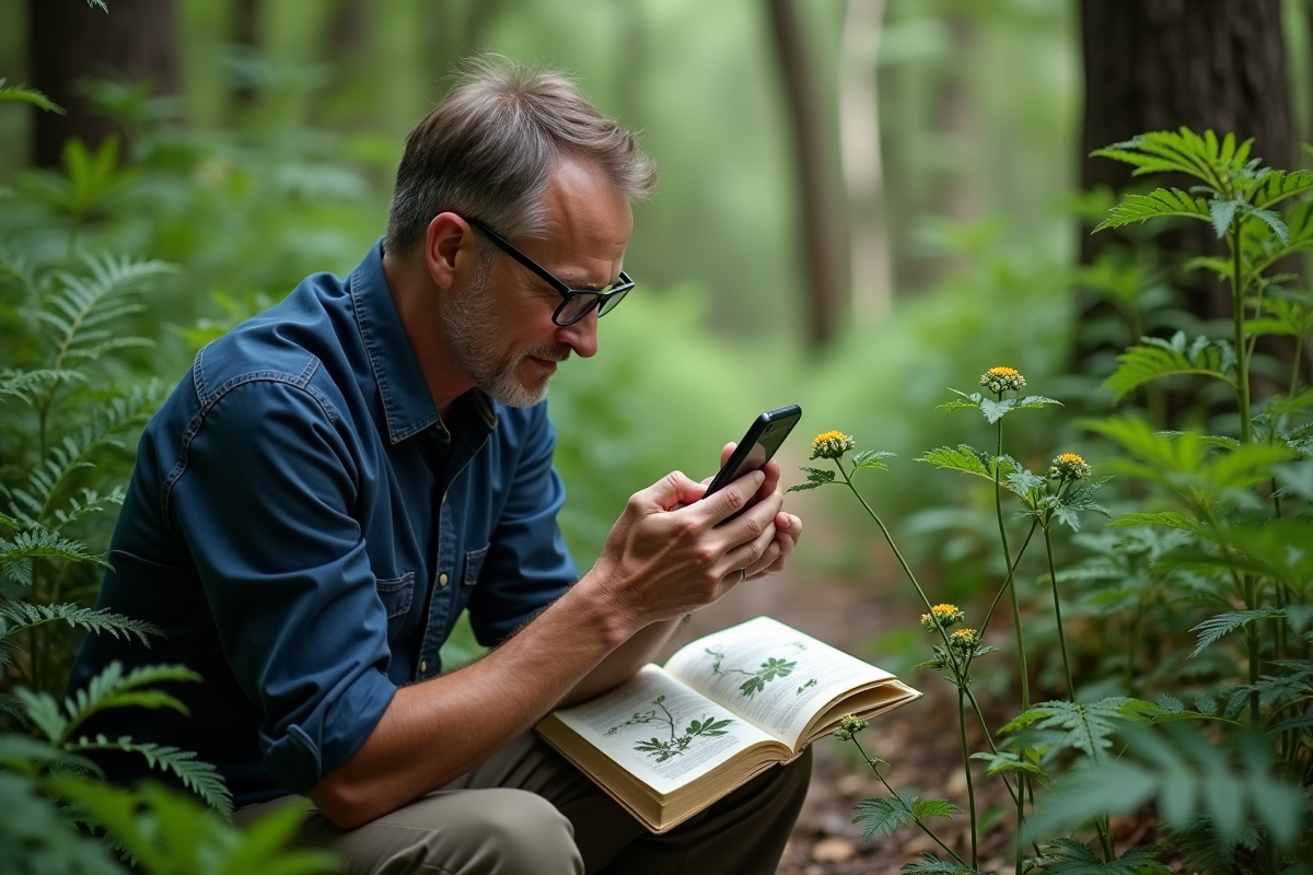 Homme photographiant une plante sauvage en forêt avec son smartphone