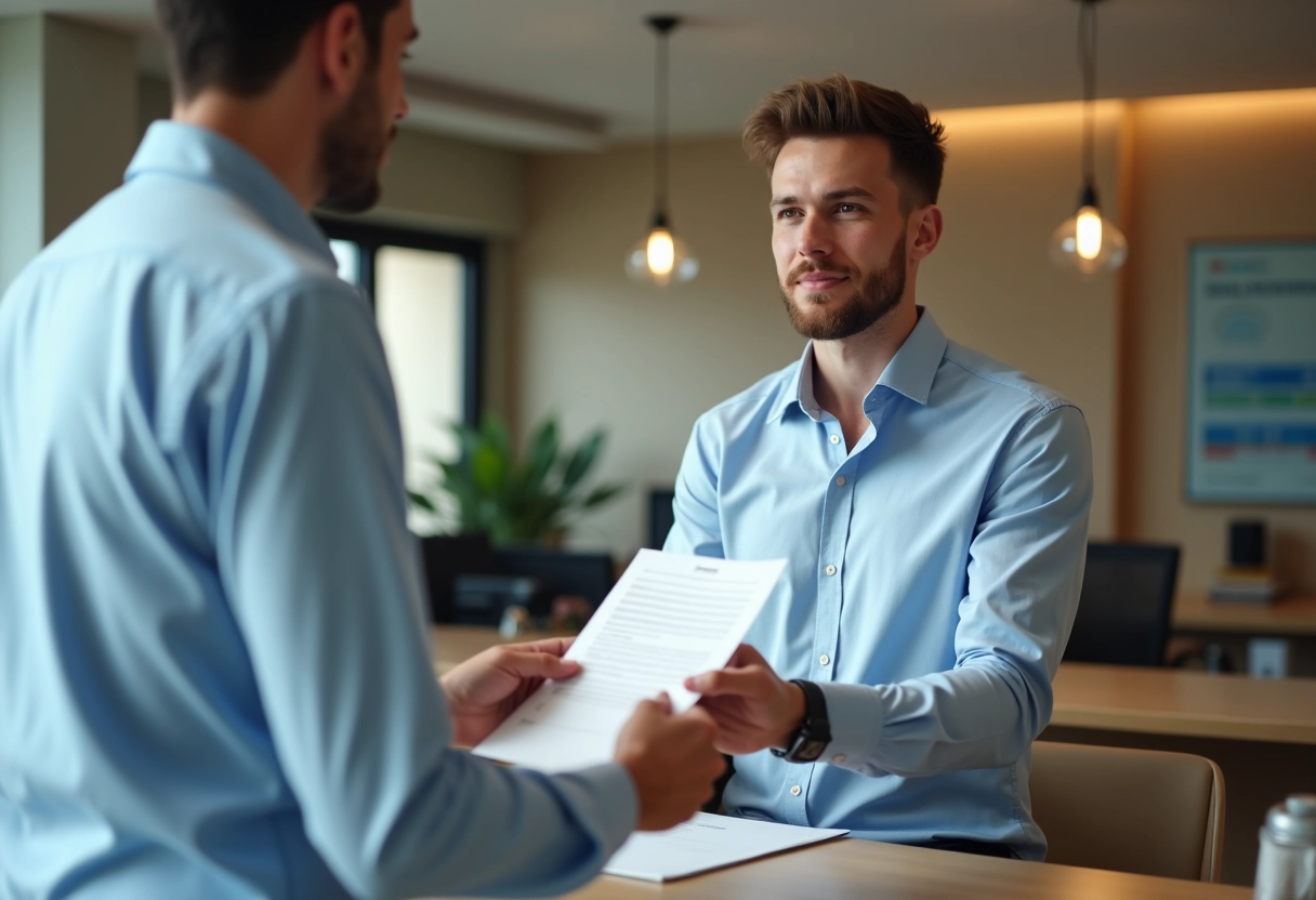 Jeune homme remettant un document de domicile au guichet de banque
