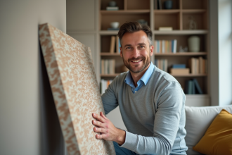 Homme en bleu posant une panneau d'isolation murale