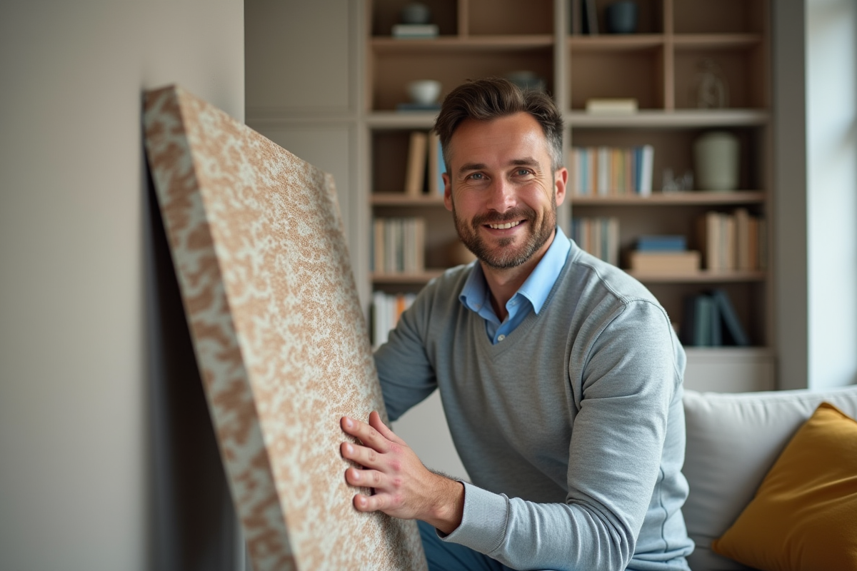 Homme en bleu posant une panneau d'isolation murale