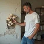 Homme examine des moisissures sur un mur humide intérieur