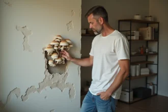 Homme examine des moisissures sur un mur humide intérieur