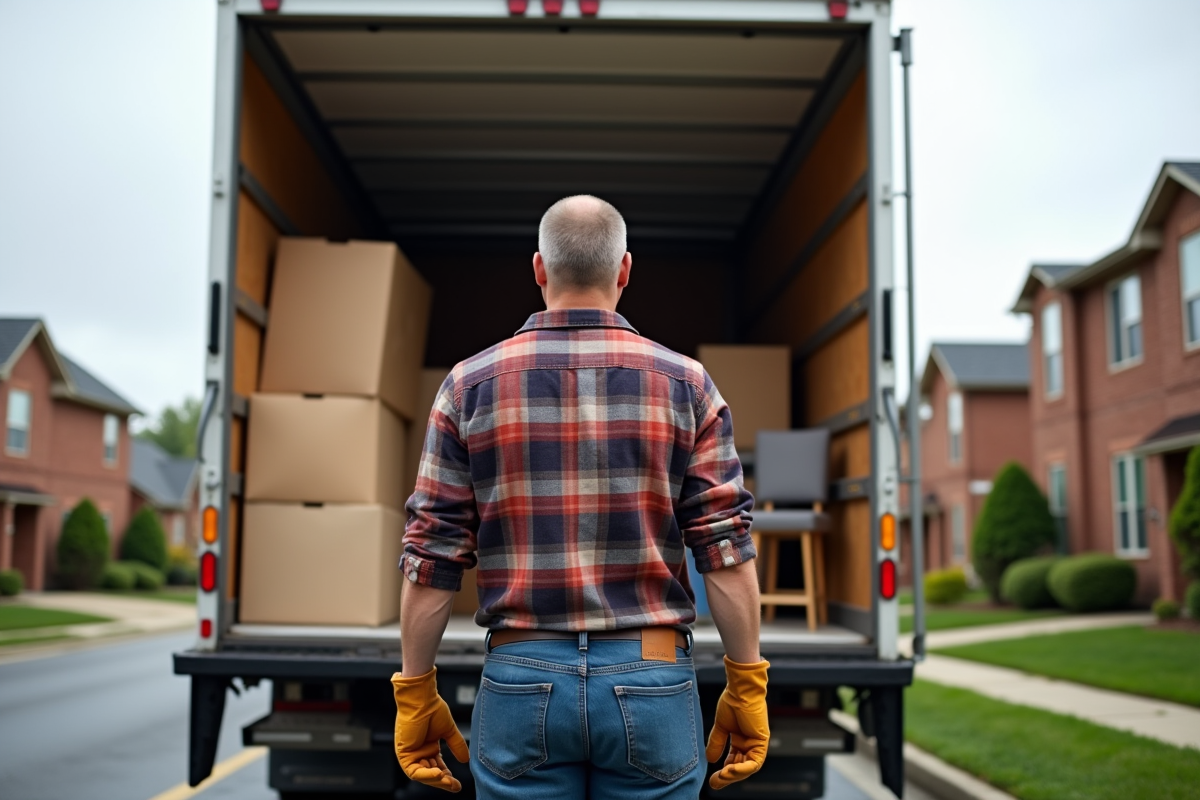 Homme en jeans et gants devant un camion de déménagement
