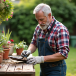 Homme en plaid nettoyant un outil de jardinage avec soin
