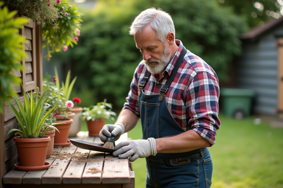 Homme en plaid nettoyant un outil de jardinage avec soin