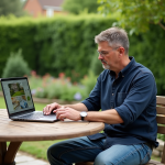 Homme d'âge moyen utilisant un logiciel 3D dans un jardin
