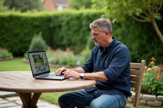 Homme d'âge moyen utilisant un logiciel 3D dans un jardin