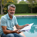 Homme d'âge moyen examinant des papiers près d'une piscine