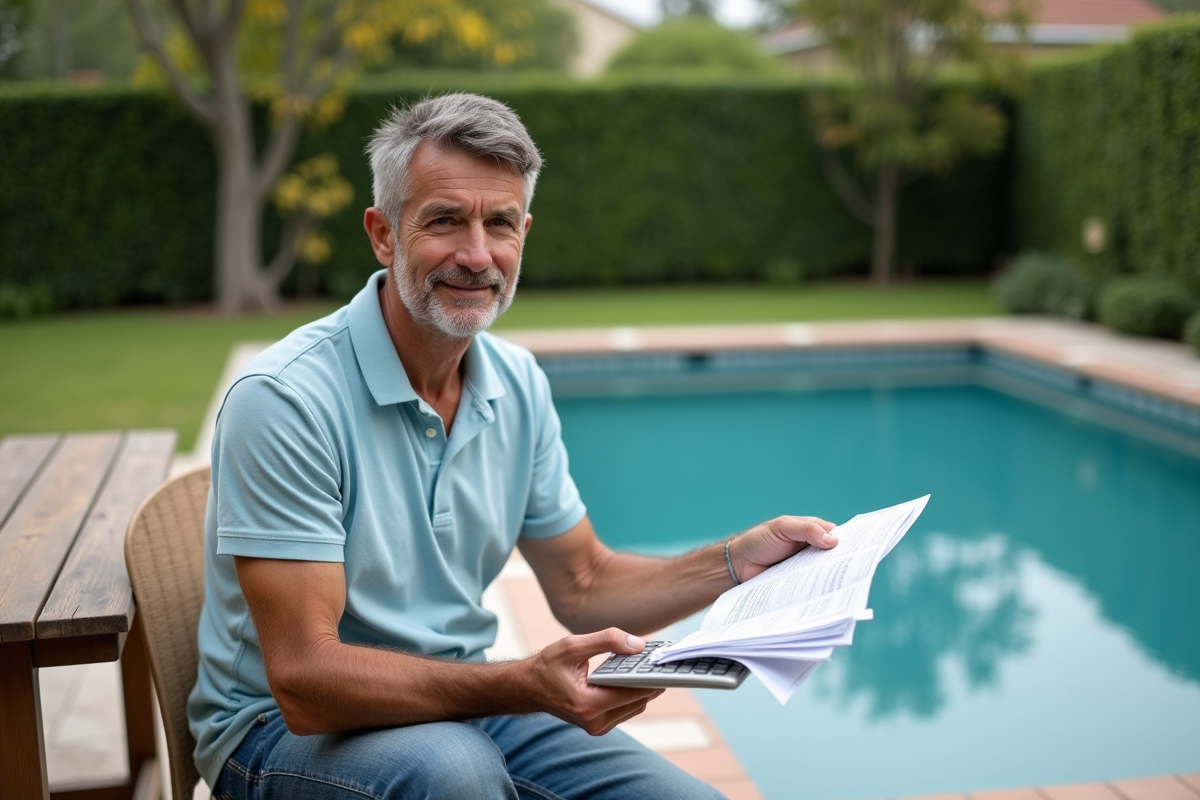 Homme d'âge moyen examinant des papiers près d'une piscine