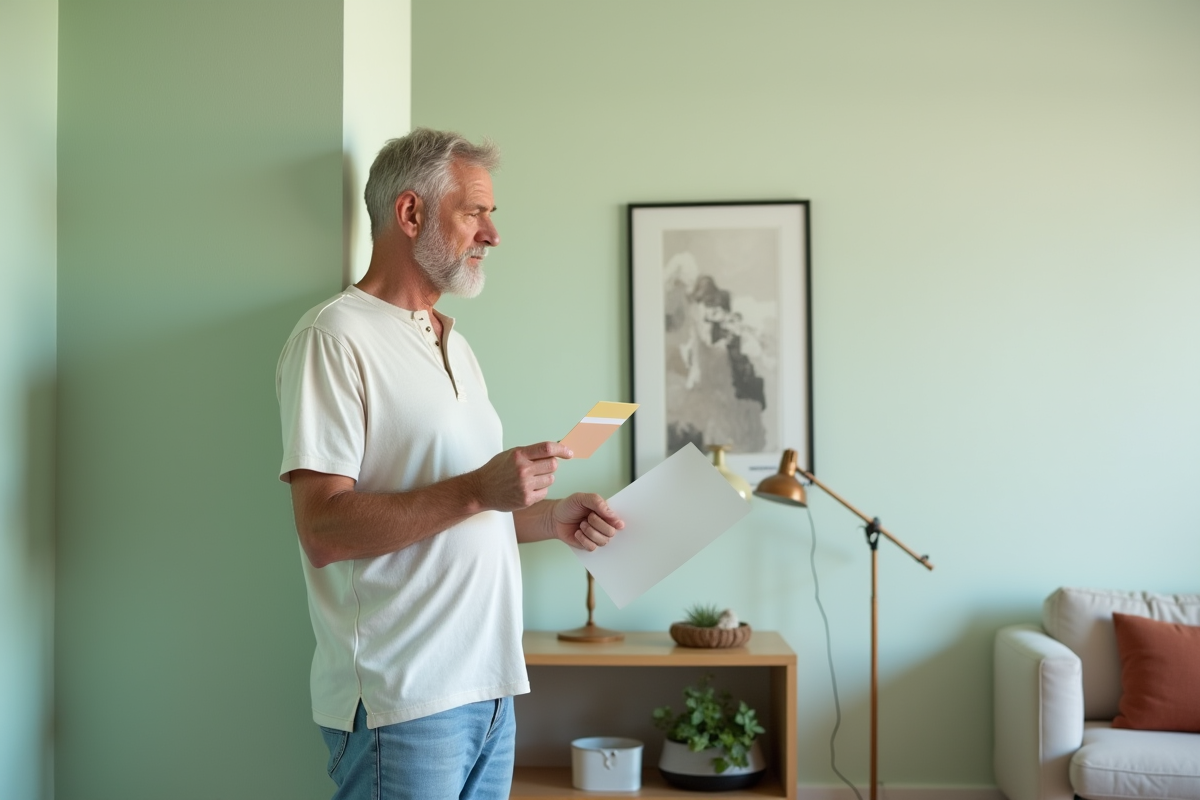 Homme évaluant une couleur de peinture dans un salon moderne