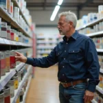 Homme d'âge moyen regardant des pots de peinture dans un magasin