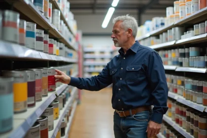 Homme d'âge moyen regardant des pots de peinture dans un magasin