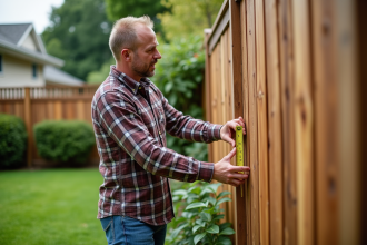 Homme mesurant un espace pour pergola dans un jardin