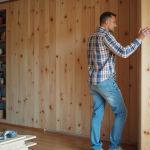 Homme en jeans appliquant des panneaux en bois dans un salon chaleureux