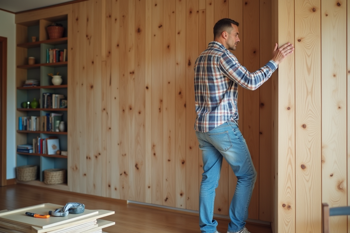 Homme en jeans appliquant des panneaux en bois dans un salon chaleureux