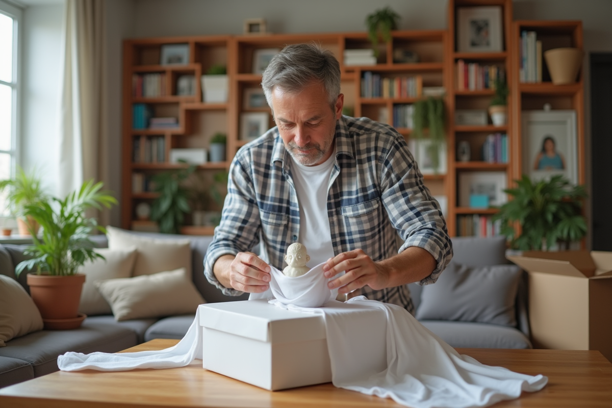 Homme emballant une figurine en porcelaine dans le salon
