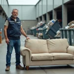 Homme en jeans et gilet navy tenant un canapé usé devant centre de recyclage