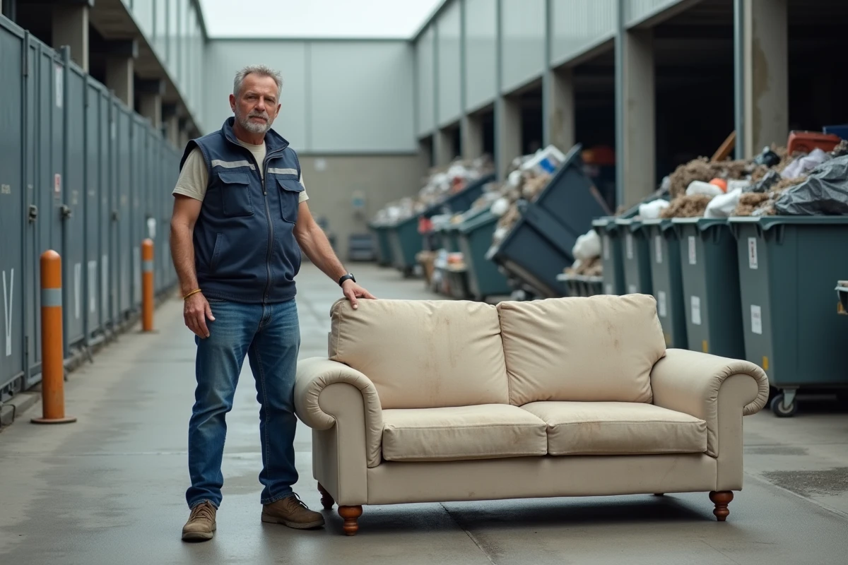 Homme en jeans et gilet navy tenant un canapé usé devant centre de recyclage