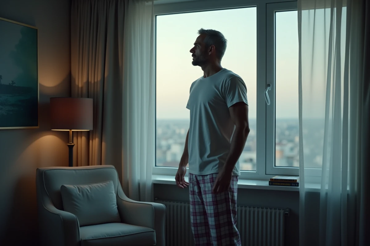 Homme regardant par la fenêtre dans un salon calme