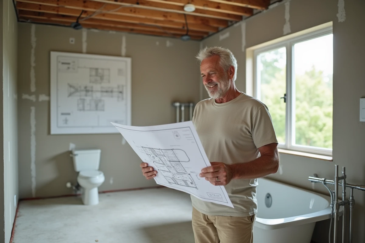 Homme d age reviewant des plans dans une salle de bain en renovation