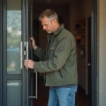 Homme ajustant la charniere d'une porte securite en acier