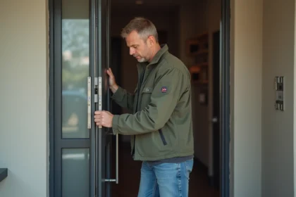 Homme ajustant la charniere d'une porte securite en acier