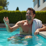 Homme d'âge moyen testant la température de la piscine