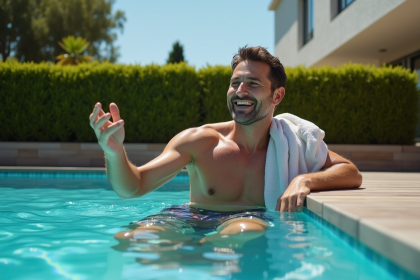 Homme d'âge moyen testant la température de la piscine