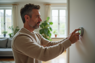 Homme d'âge moyen ajustant un thermostat moderne dans un salon chaleureux