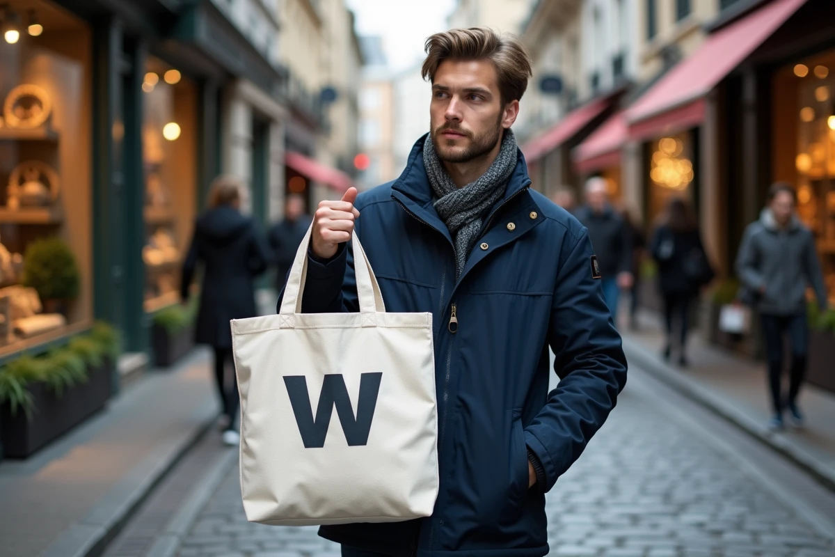 Homme regardant un tote bag avec logo W en rue urbaine