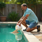 Homme en polo et short traitant la piscine verte