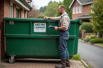 Homme en tenue de travail près d'une benne verte dans une rue résidentielle