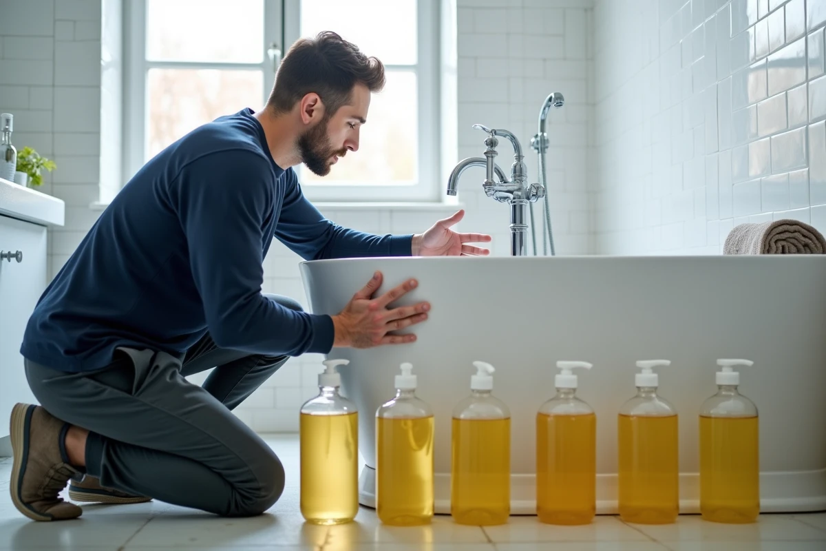 Homme collectant de l'eau jaune du robinet dans des bouteilles lors d'une procédure d'urgence après coupure d'eau
