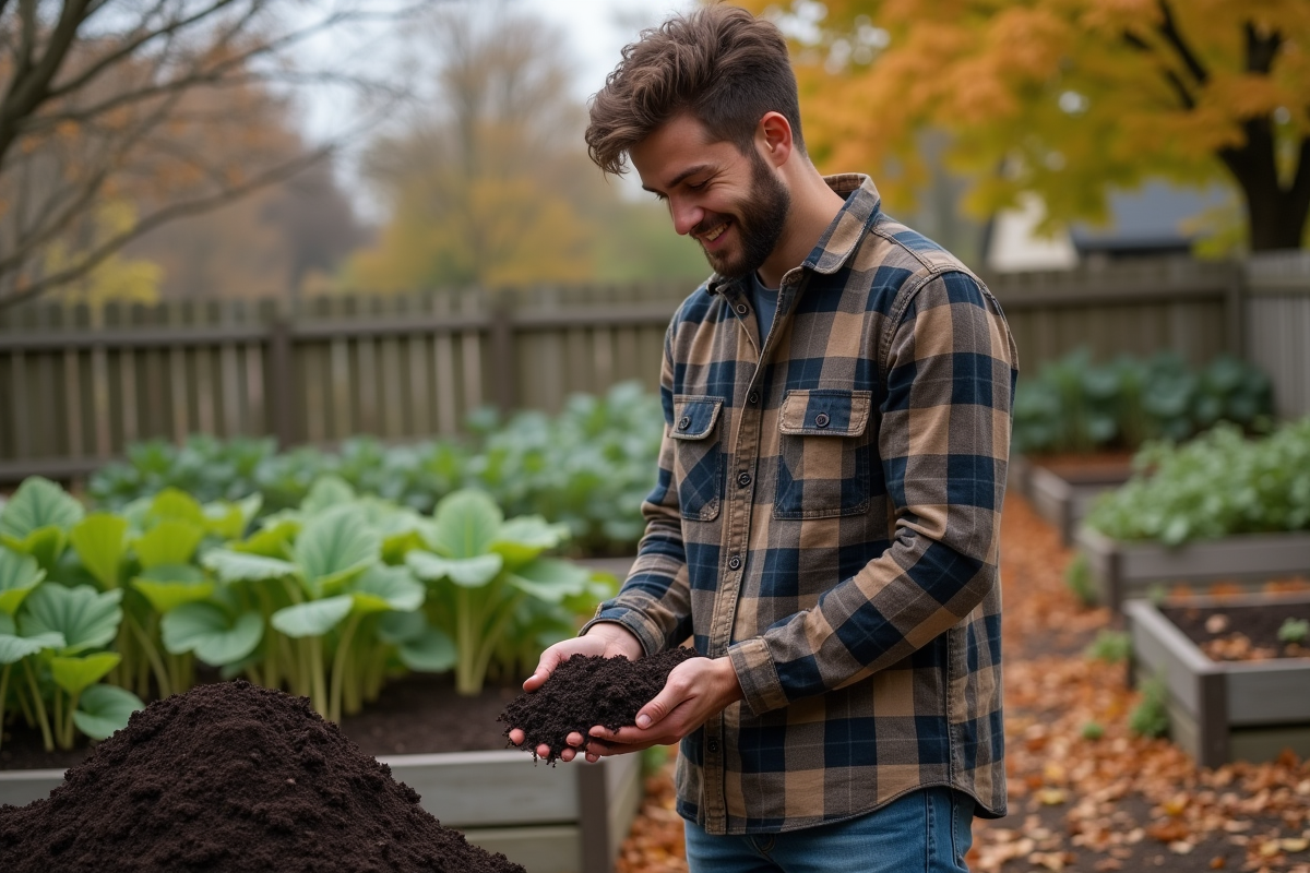 Jeune homme inspecte compost dans jardin communautaire