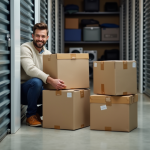Homme organisant des cartons dans un espace de stockage